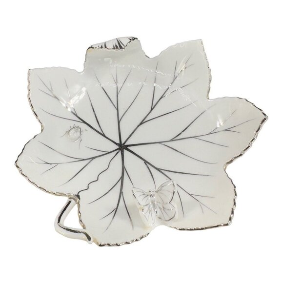 Andrea By Sadek Hand Painted Leaf Dish Bowl Silver Overlay Butterfly And A Bug - Picture 13 of 15